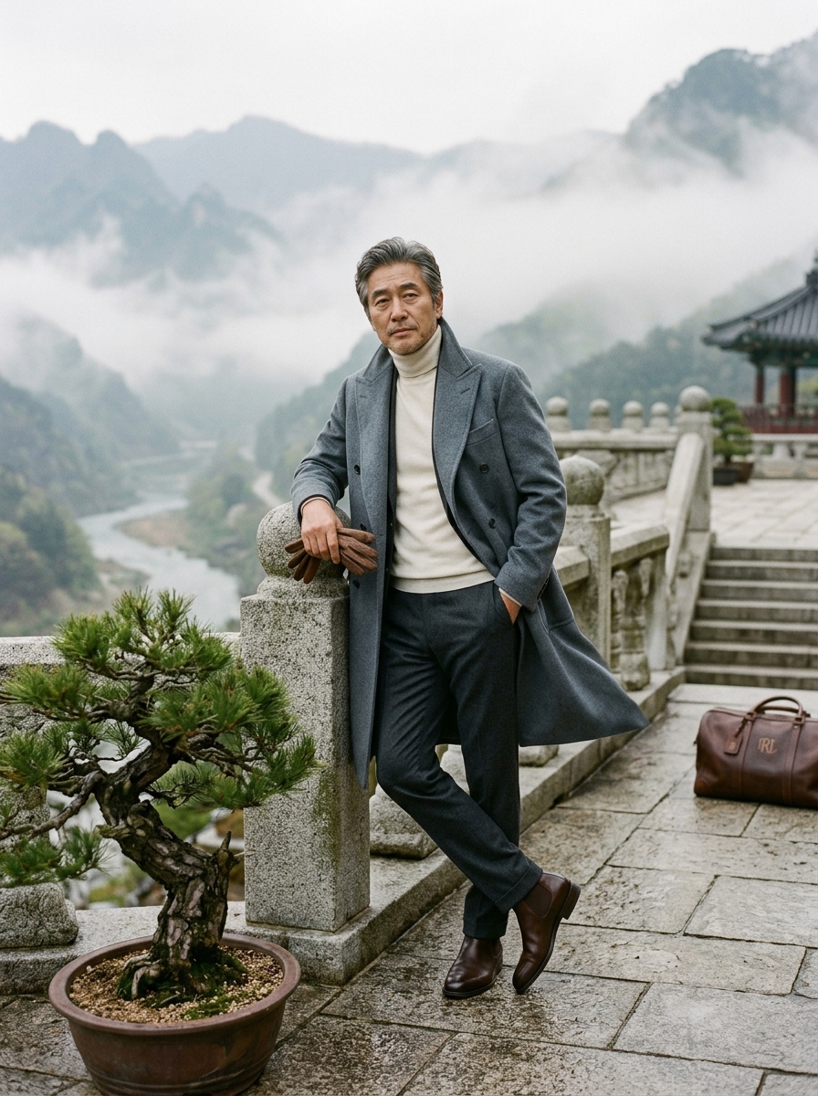 산과 정자와 소품이 배치된 패션 이미지